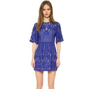 BCBGMaxazria Jillyan Larkspur Blue Lace Overlay Nude Lining Coquette Dress Sz‎ 6